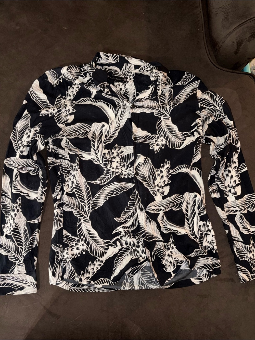 AllSaints Kahuna Shirt Black White Floral Palm Camp Viscose Long Sleeve Size L